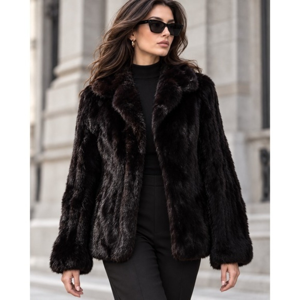 Dark Brown Mink Fur Jacket Womens Short Fur Coat Notched Collar Mob Wife Small